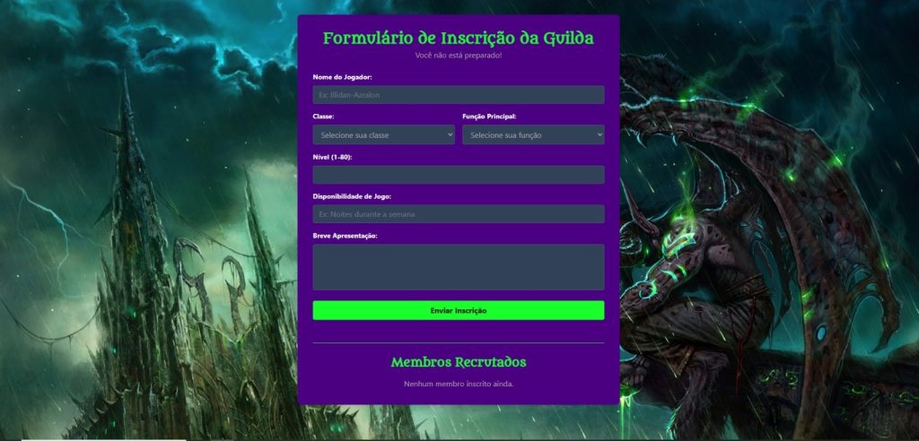 Captura de tela da interface do projeto Formulário de Guilda WoW