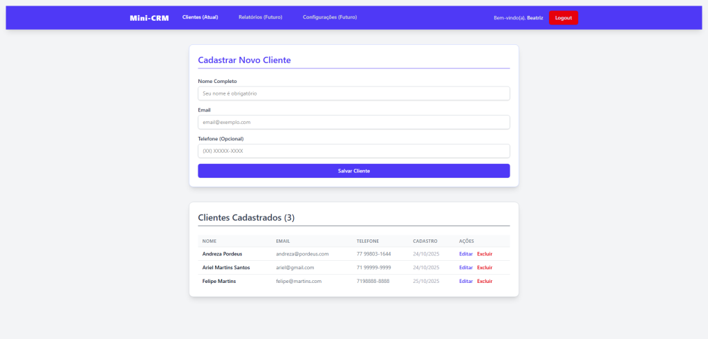 Captura de tela da interface do projeto Mini-CRM: Sistema de Gestão de Clientes